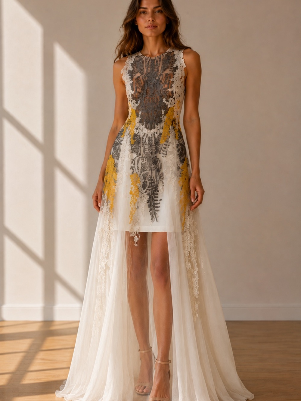 Fitted Sleeveless White High-Low Lace Dress with Silver & Mustard Embroidery